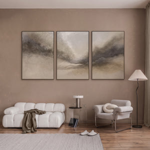 „Nebliger Morgen“ – abstraktes Triptychon in Grau und Beige