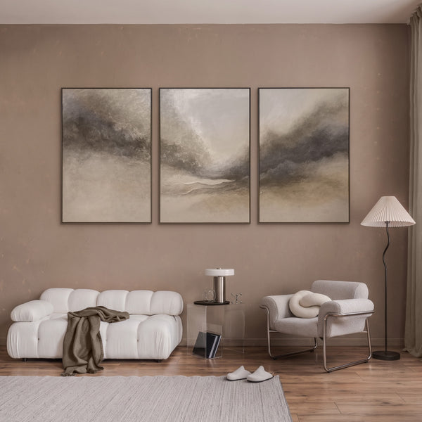 Abstract Acryl Schilderij „Mistige Ochtend” – Elegante Acrylkunst in Beige & Grijs