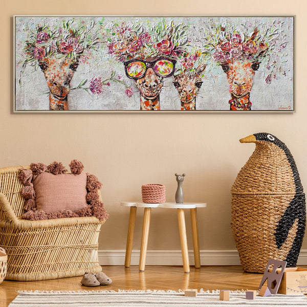 Acryl Schilderijen Dieren – Handgeschilderde Giraffen met Bloemenkransen