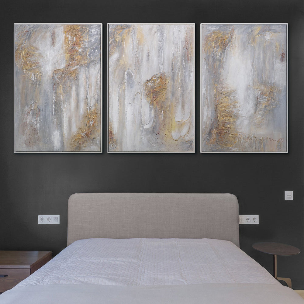 Triptychon „Philosophie" – Handgemaltes 3-teiliges Wandbild in Beige & Gold