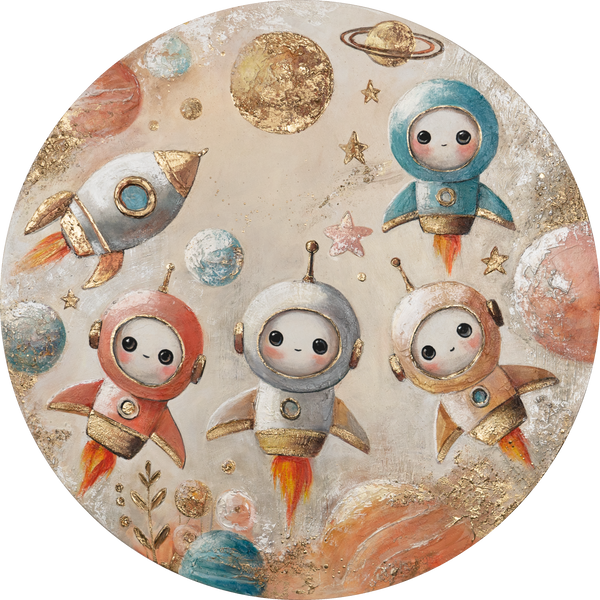 Rond acryl kunstwerk, stralend – "Baby Astronauts" voor creatieve kinderkamers