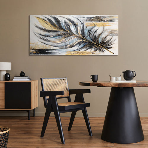 Acryl schilderij op canvas handgeschilderd abstract wandkunstwerk "Golden Feather" 115x50cm