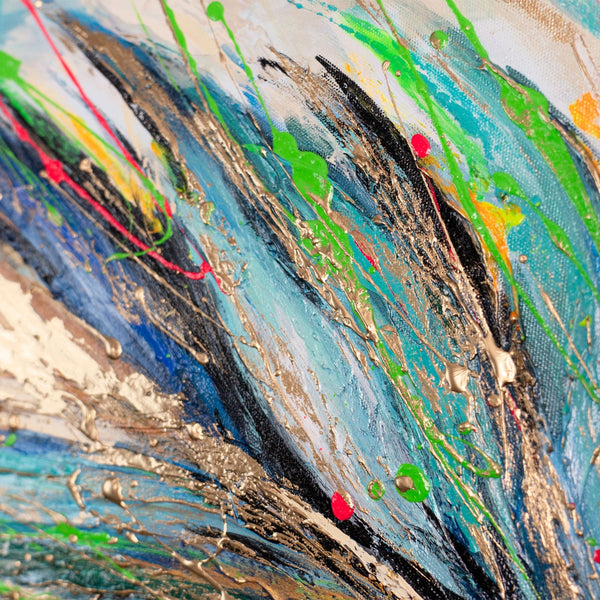 Modern acrylschilderij met veer – handgeschilderde wanddecoratie "Lichtgevend verenkleed" 115x50cm