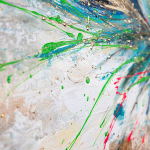 Modern acrylschilderij met veer – handgeschilderde wanddecoratie "Lichtgevend verenkleed" 115x50cm