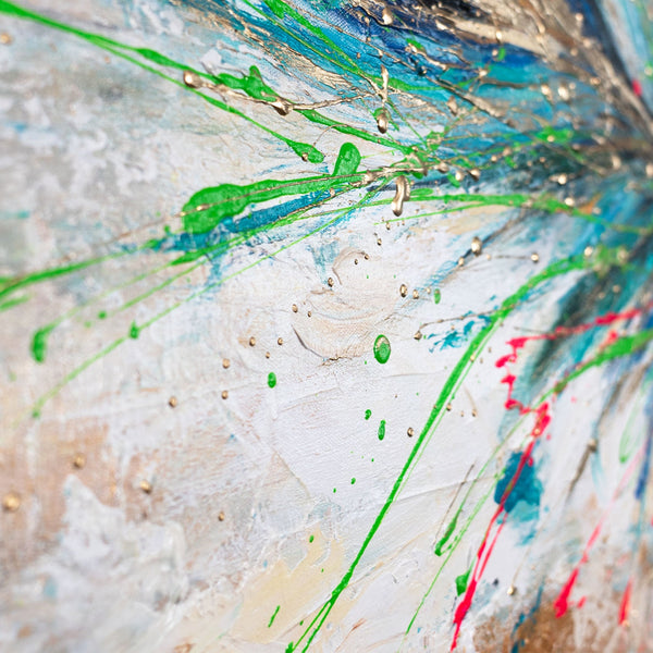 Modern acrylschilderij met veer – handgeschilderde wanddecoratie "Lichtgevend verenkleed" 115x50cm