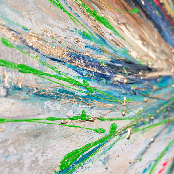 Modern acrylschilderij met veer – handgeschilderde wanddecoratie "Lichtgevend verenkleed" 115x50cm