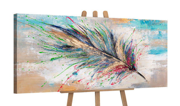 Modern acrylschilderij met veer – handgeschilderde wanddecoratie "Lichtgevend verenkleed" 115x50cm