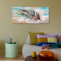 Modern acrylschilderij met veer – handgeschilderde wanddecoratie "Lichtgevend verenkleed" 115x50cm