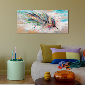 Modern acrylschilderij met veer – handgeschilderde wanddecoratie "Lichtgevend verenkleed" 115x50cm