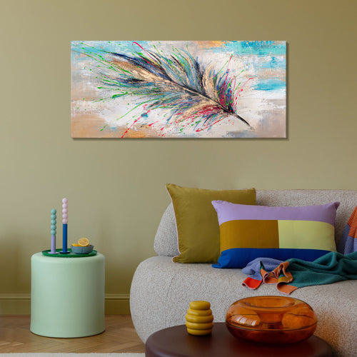 Modern acrylschilderij met veer – handgeschilderde wanddecoratie "Lichtgevend verenkleed" 115x50cm
