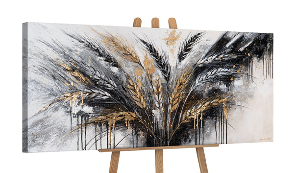 Handgeschilderd acryl schilderij op canvas met korenaarmotief in goud "Doornen" 115x50cm