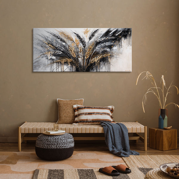 Handgeschilderd acryl schilderij op canvas met korenaarmotief in goud "Doornen" 115x50cm