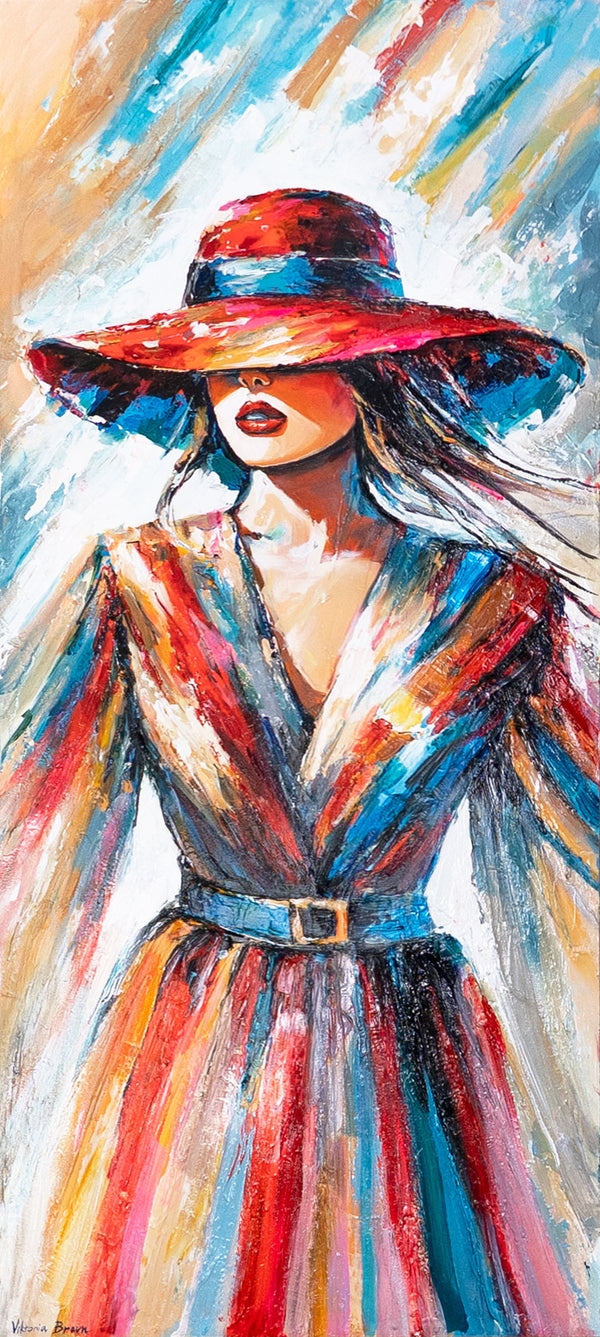 Handgeschilderd acrylschilderij "Dame met hoed" - Moderne wanddecoratie op canvas 115x50cm