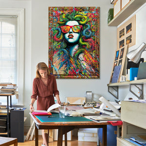 Abstract modern handgeschilderd schilderij op canvas met lijst – "De Mythe Neon"