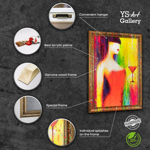 Abstract schilderij op canvas met lijst – kleurrijk abstract kunstwerk "De vrouw met het glas"