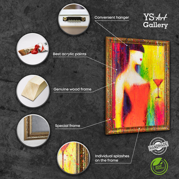 Abstract schilderij op canvas met lijst – kleurrijk abstract kunstwerk "De vrouw met het glas"