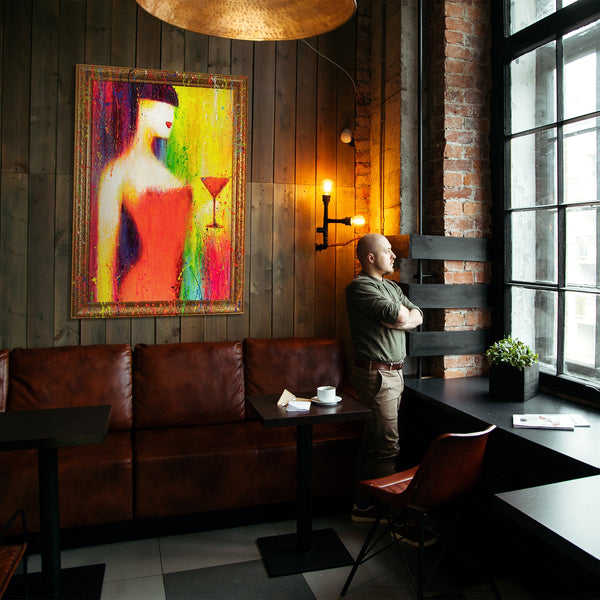 Abstract schilderij op canvas met lijst – kleurrijk abstract kunstwerk "De vrouw met het glas"