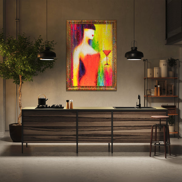 Abstract schilderij op canvas met lijst – kleurrijk abstract kunstwerk "De vrouw met het glas"