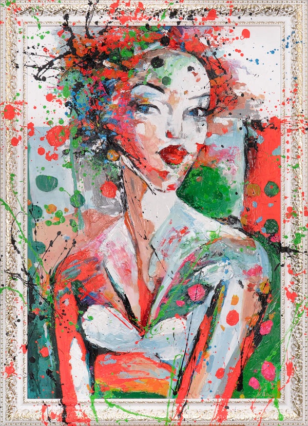 Abstract Schilderij met Lijst "In het Ritme van Kleuren" – Kleurrijk Canvas Schilderij met Gezicht