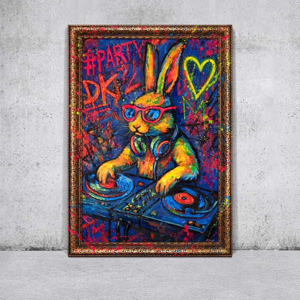 Moderne Wandkunst mit Rahmen – Abstraktes Gemälde "Party-Hase" auf Leinwand