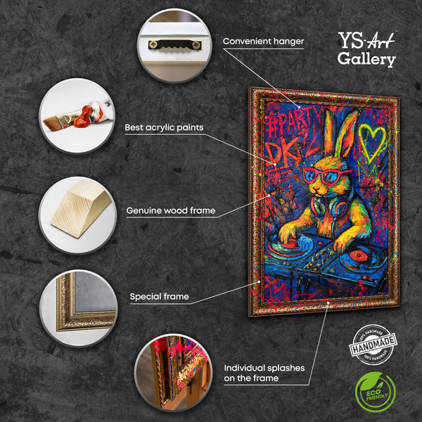 Moderne Wandkunst mit Rahmen – Abstraktes Gemälde "Party-Hase" auf Leinwand