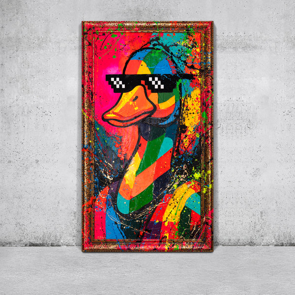 Moderne Wanddeko Wohnzimmer – Pop-Art Leinwandbild „Entchen-Vibe“