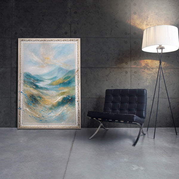 Handgeschilderd Abstract Landschap "Zacht Licht" – Moderne Natuur Wanddecoratie
