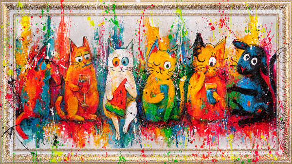 Kleurrijke kattenkunst Pop-Art – Handgeschilderde wandbeelden „Katten, Kleur, Plezier“