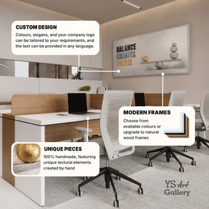 Balance Creates Power – handgemaltes Strukturbild fürs Büro mit 3D-Relief, 140 × 70 cm