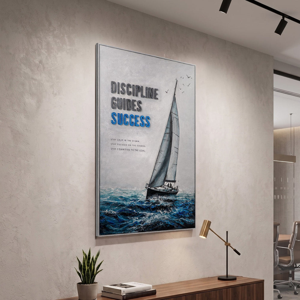 Motivationsbild Büro Segelschiff – Modernes Leinwandbild mit Segelboot und Spruch Discipline Guides Success im Büro
