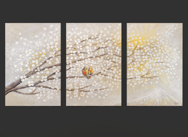 „Sonnenaufgang“ – Handgemaltes Triptychon mit Vögeln und Blüten