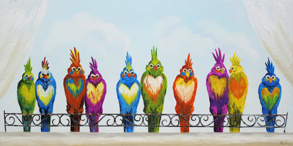 Handgeschilderd acrylcanvas “Vrolijke Vogels” – Kleurrijk en speels wandbeeld