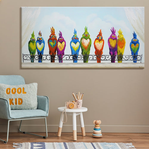 Handgeschilderde acryl schilderijen – Leuke papegaaien op canvas