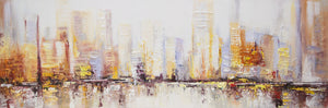 Canvas Schilderij "Ochtenden in Megapolis" – Abstracte Megastad in Warme Kleuren, Acrylschilderij