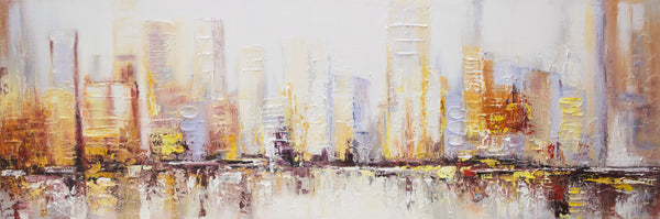 Canvas Schilderij "Ochtenden in Megapolis" – Abstracte Megastad in Warme Kleuren, Acrylschilderij