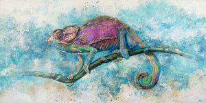 Wanddeko auf Leinwand mit exotischem "Leguan" in Türkis-Violett