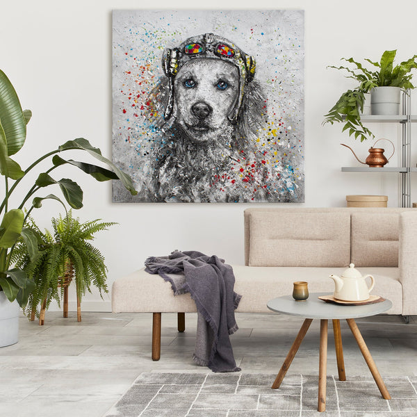 Moderne wanddecoratie "Pilot" - Handgeschilderd honden schilderij met Acryl op Canvas