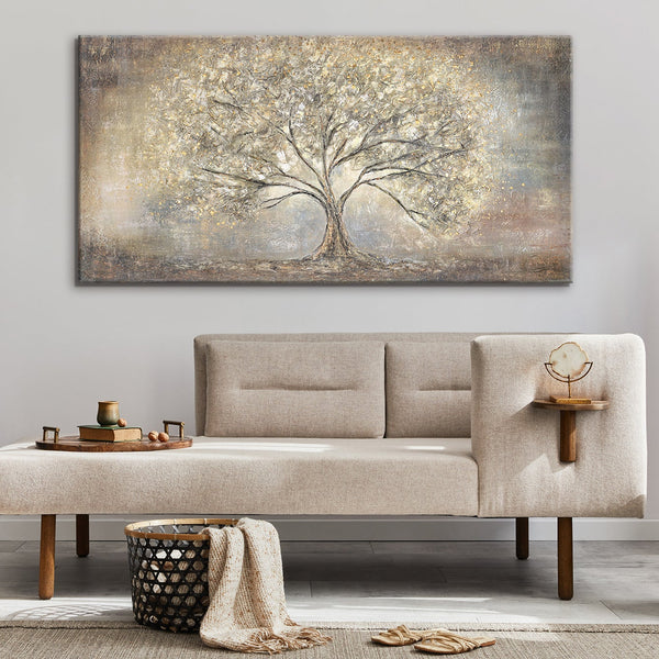Moderne handgeschilderde "Gouden boom" schilderij met zwart kader – Acryl kunst voor woonkamer