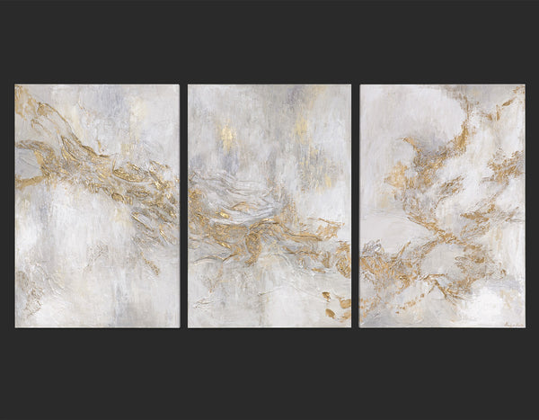 Triptychon „Geschichte" – Handgemaltes abstraktes Wandbild in Beige & Gold