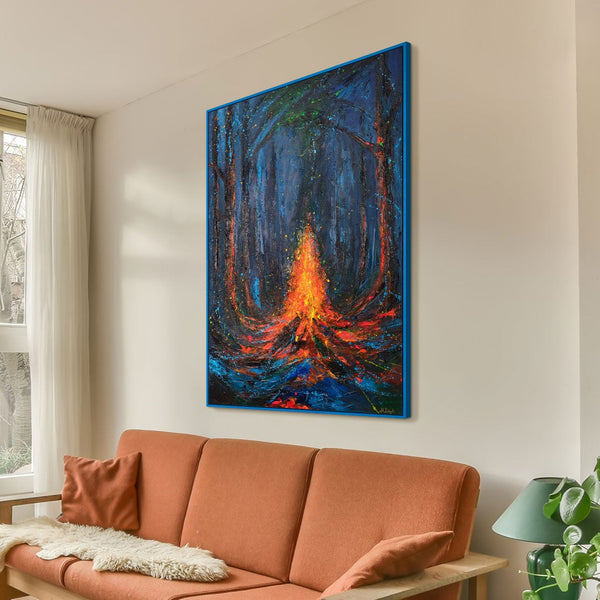 Abstraktes Acrylbild Feuer Blau Orange moderne Wandkunst