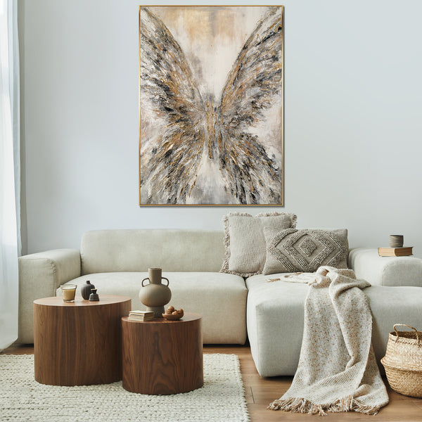 Acrylbild Engelflügel Strukturmalerei Grau Gold Wanddeko
