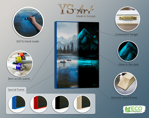 Handgemalte Acrylkunst Leuchtend Blau Grau Berge