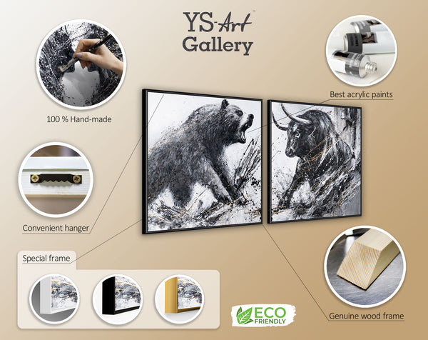 Handgemalte Tierkunst Bulle und Bär Acrylbild Leinwand