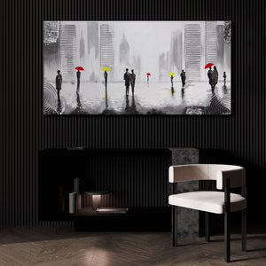 Handgemaltes Stadtmotiv Regenschirme Grau Rot Acrylbild