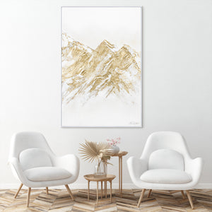 Abstract bergschilderij met gouden accenten – Modern canvas schilderij met lijst 