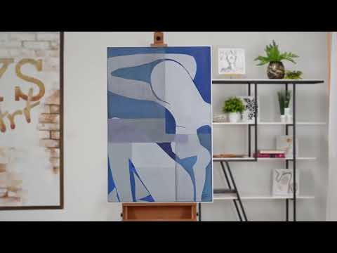 Abstracte compositie in blauwtinten Sandy – Handgeschilderd acrylschilderij op canvas met lijst 