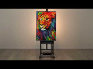Kleurrijk leeuwenportret in acryl met lijst Leeuwenkracht 