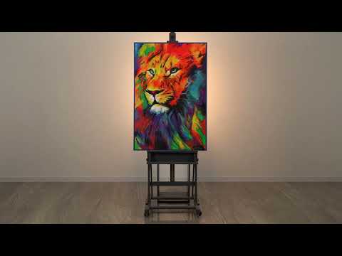 Kleurrijk leeuwenportret in acryl met lijst Leeuwenkracht 