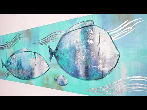 Handgeschilderd Acrylschilderij op Canvas – Abstract Zeegezicht met Vissen